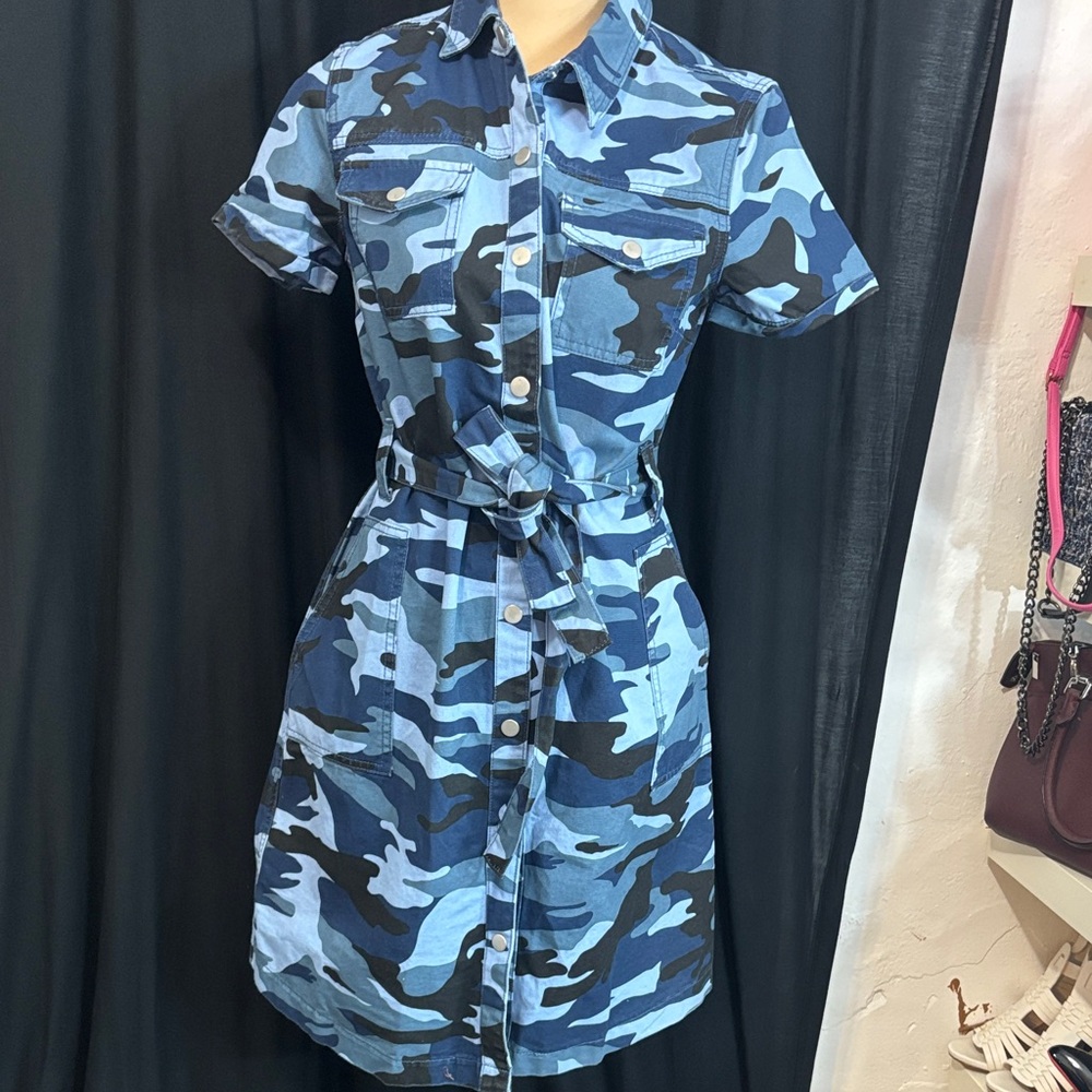 Blue Camouflage Button-Up Mini Dress